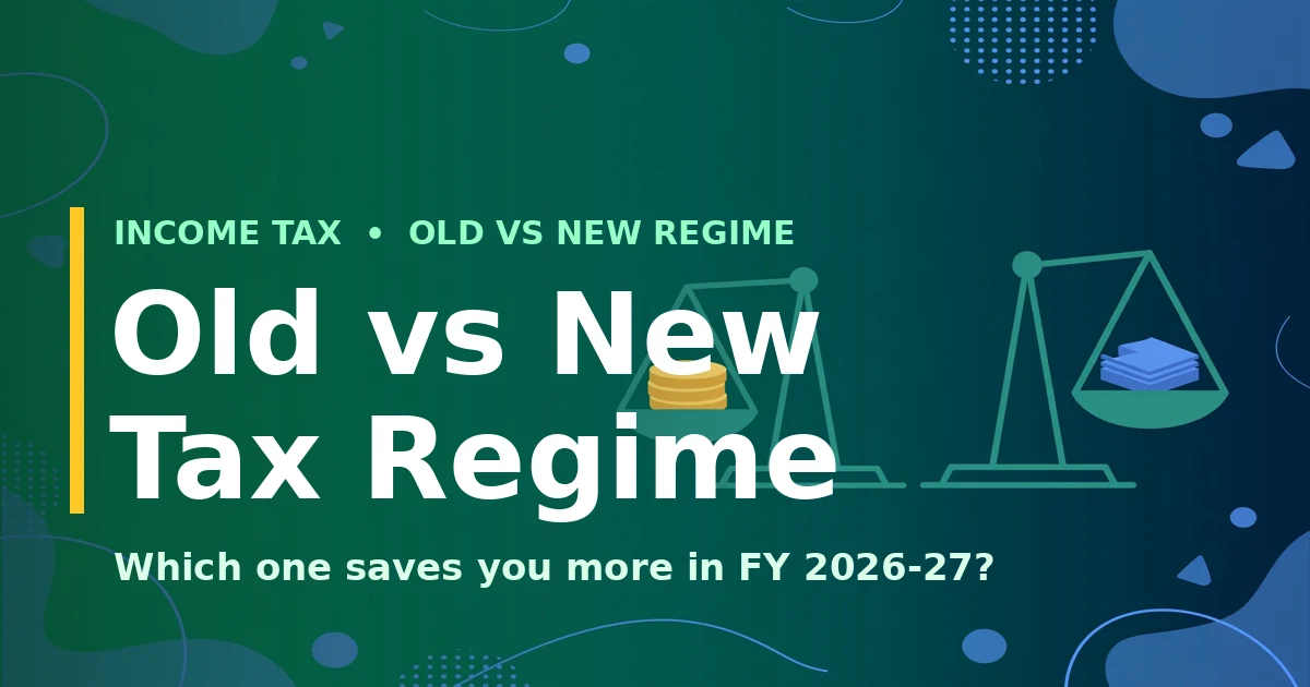 Old vs New Tax Regime comparison - balance scale with coins and documents on green background